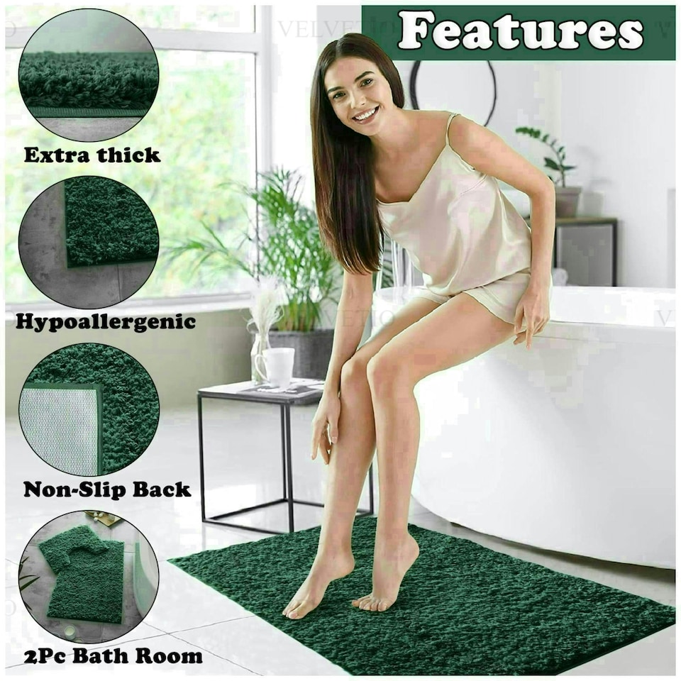 image 1 of VELVETIO Bath Mats & Pedestal Mat Set Anti Slip Super Soft Water Absorbent Green
