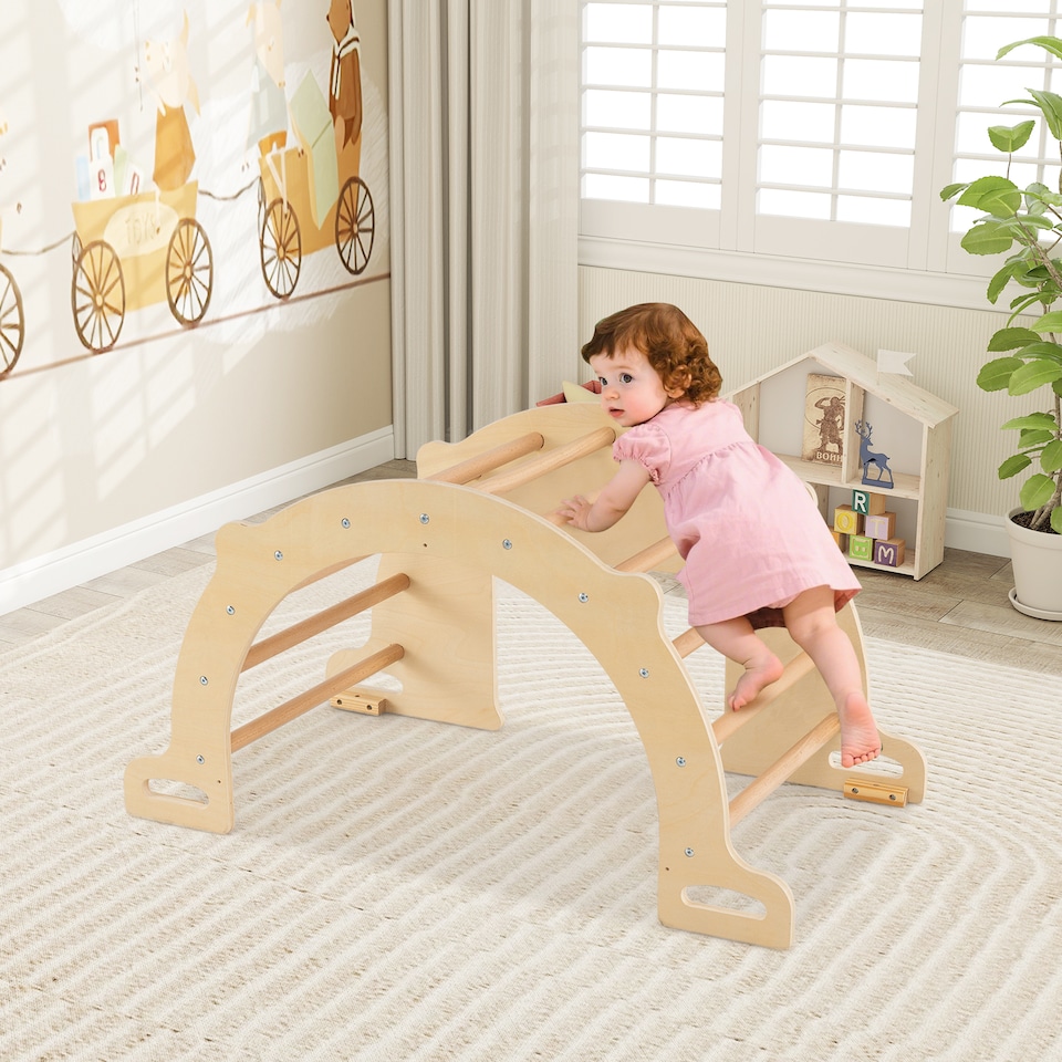 image 1 of COSTWAY Kids Climbing Arch Sensory Table Montessori Wooden Climber Toy-Natural