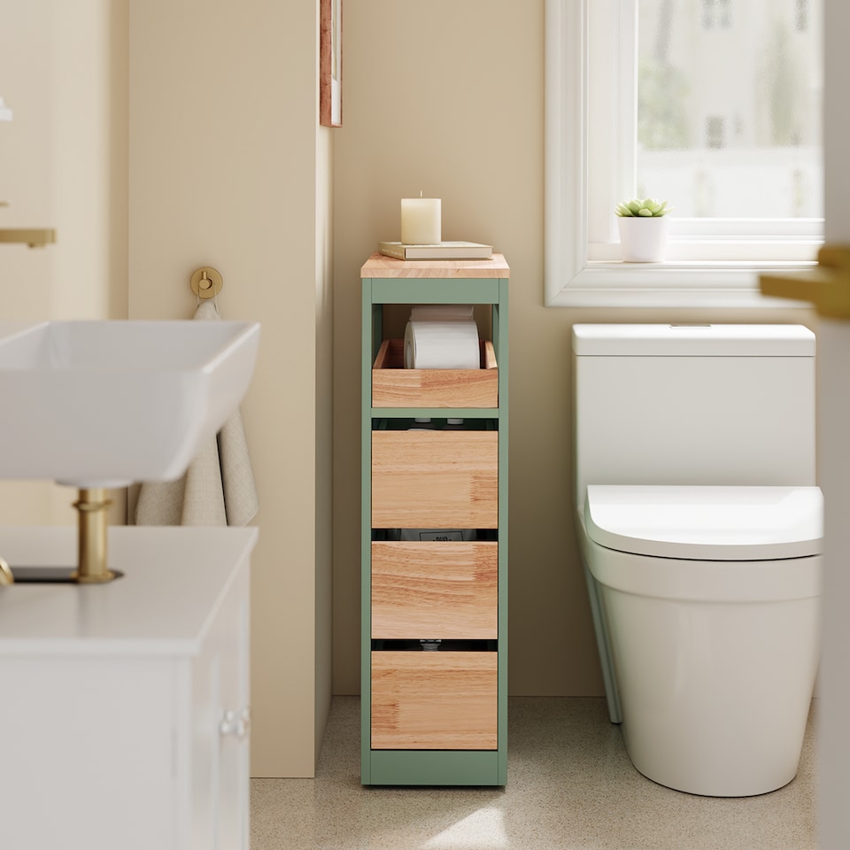 image 1 of SoBuy 4-Drawer Bathroom Side Cabinet with Open Top Compartment, Green & Wood, 25.6x9.1x32.3 inches, 22 kg - BZR54-II-GR