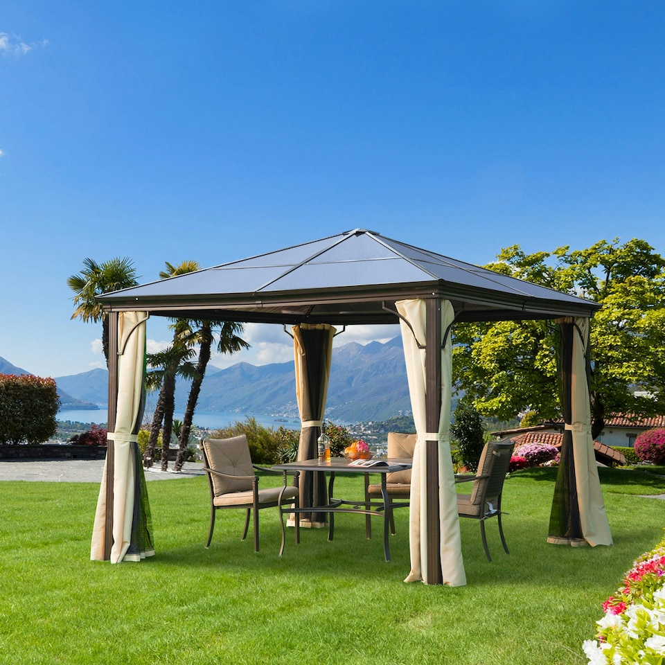 image 1 of Outsunny 3 x 3(m) Hardtop Gazebo Canopy with Mosquito Netting and Curtains