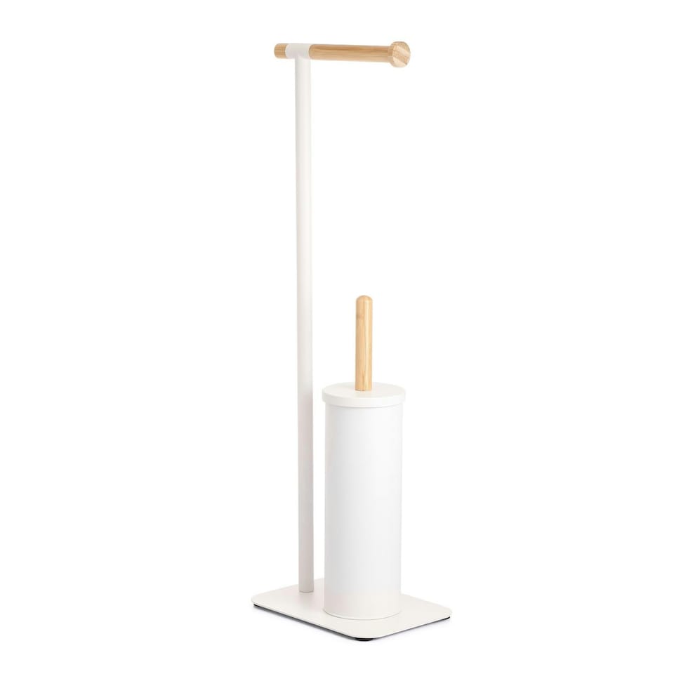 image 1 of Showerdrape Sonata White & Bamboo Toilet Roll Holder & Toilet Brush Combination