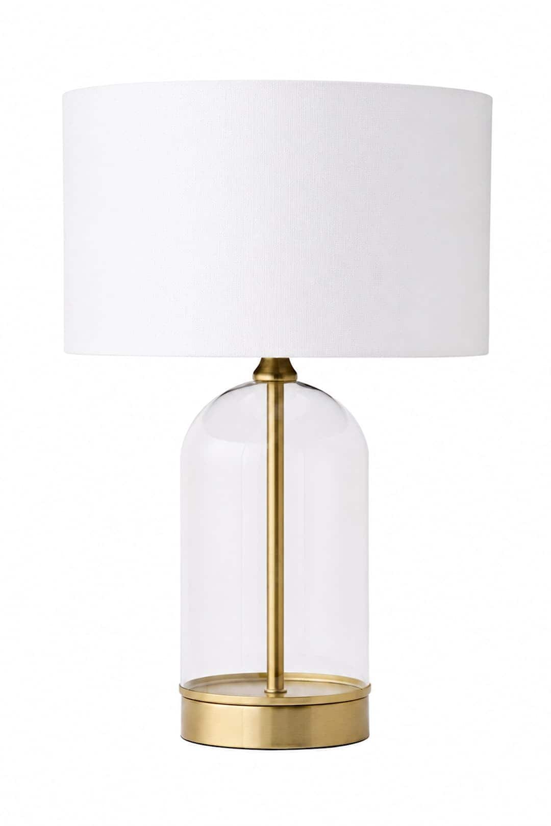 ValueLights Jessy White Fabric Drum Shade with Trim Glass Table Lamp & Bulb in Gold