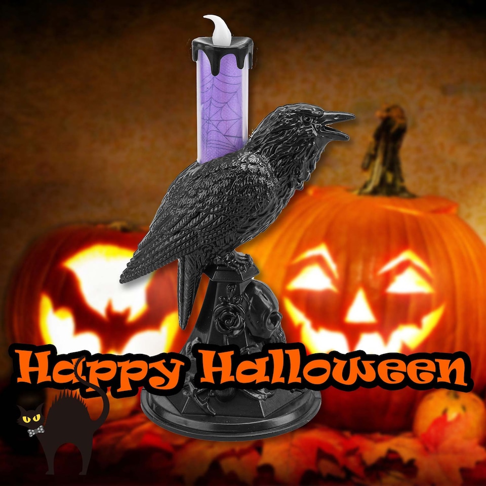 image 1 of PMS Flameless Halloween Crow Candle, Purple - 20.3 x 10 cm