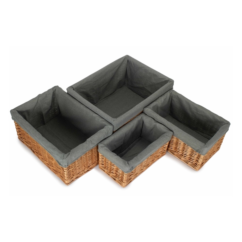 image 1 of Set of 4 Double Steamed Grey Cotton Lined Willow Storage Baskets | Grey | Grey | Not provided