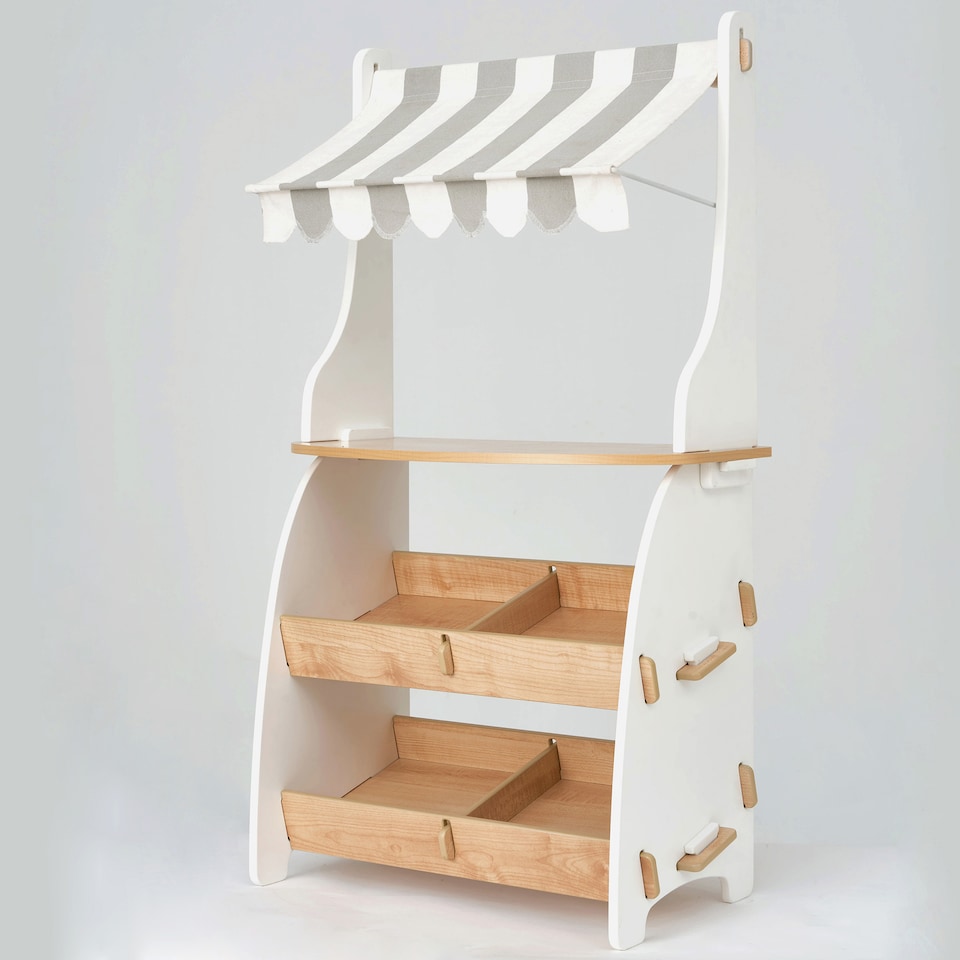 image 1 of Hooga Kids Wooden Toy Shop, Role Play Shop Market Stand With Realistic Shelving and Fabric Canopy