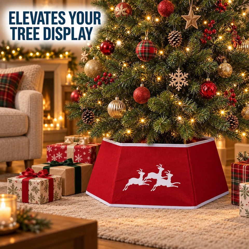 image 1 of 26.8 Inch Hexagonal Fabric Christmas Tree Collar Foldable Red Burlap Cover for Tree Stands