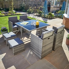 9 Piece Cube Rattan Garden Furniture Set 4 Chairs 4 Footstool Chairs & Table