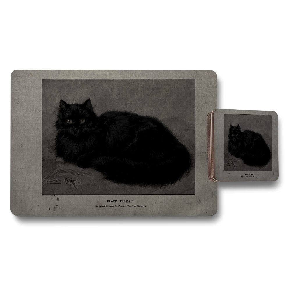 Black Persian Cat Placemat And Coaster Set Vintage Edition
