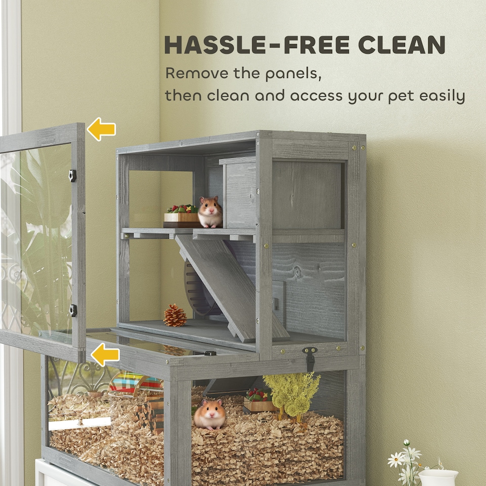 image 1 of PawHut Wooden Hamster Cage, Large Gerbil Cage with Hut, Wheel, Ramps, 3 Tier Small Animal Habitat with Removable Viewing Panels, 80 x 50 x 84 cm, Grey