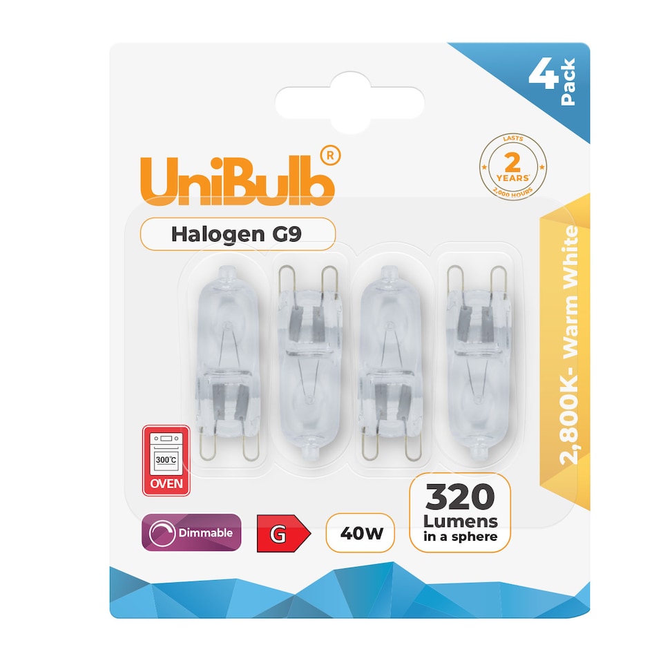 image 1 of UniBulb Halogen G9 320lm 40W 2800K (Warm White) Capsule Light Bulb For Chandeliers, Lamps, & Ovens - Pack of 4 | Clear | 4