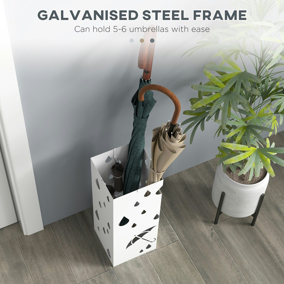 image 1 of HOMCOM Metal Umbrella Stand, Square Umbrella Basket with 4 Hooks Drip Tray White