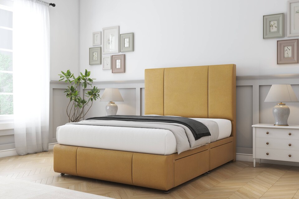image 1 of Sloomy Lisbon Mustard Plush Divan Bed Base 2 Drawers Foot-End With 54 Inch Floor Standing Headboard & 12 Inch Matching Footboard | Gold | Mustard | King | 1