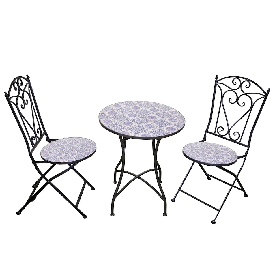 image 1 of Mosaic Bistro Set Three Piece Folding Outdoor Table and Chairs for Balcony Patio and Small Garden Dining