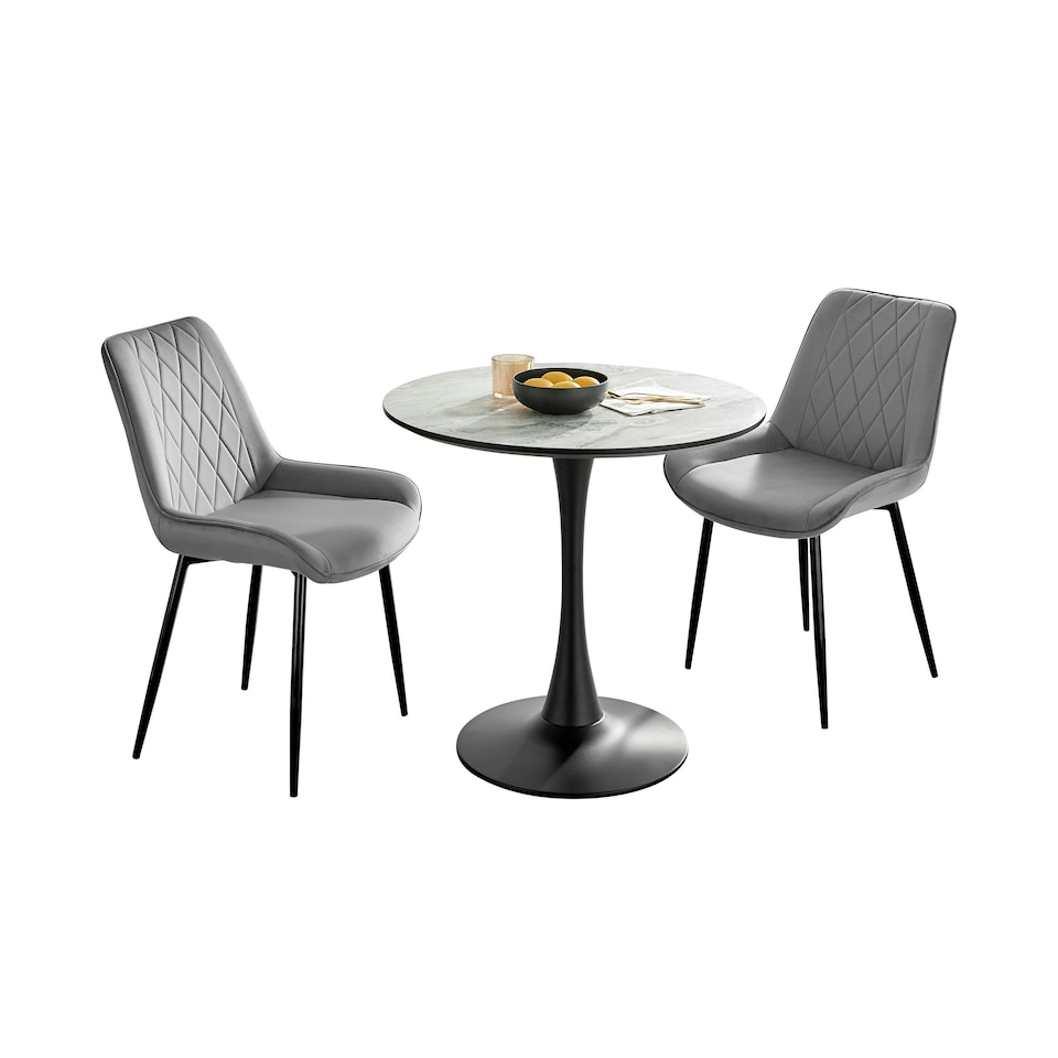 image 1 of Furniturebox Elina White Marble Effect Round Dining Table & 2 Grey Pesaro Black Leg Chairs