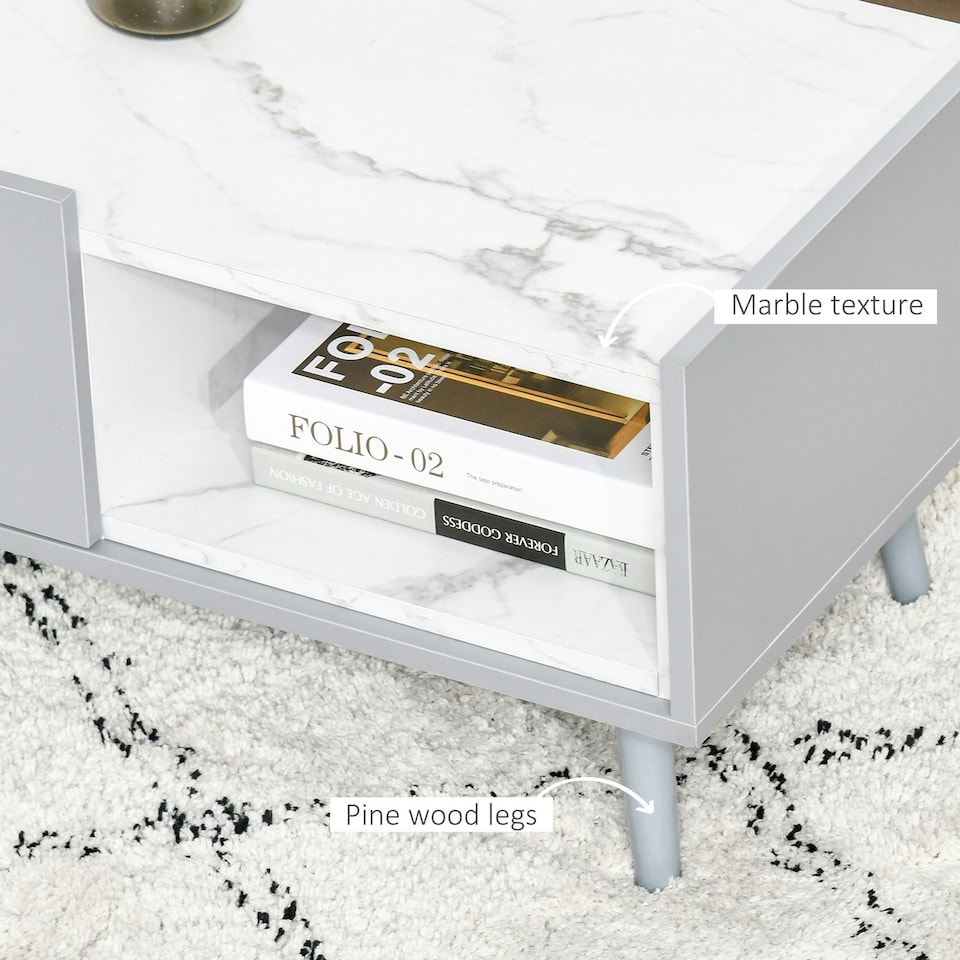 image 1 of HOMCOM Two-Tone Coffee Table Marble Effect w/ Storage Wood Legs Grey
