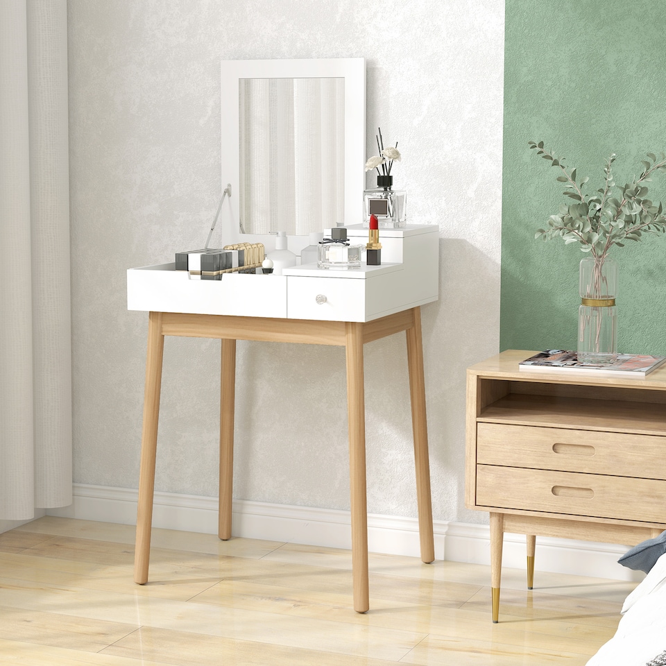 image 1 of HOMCOM Dressing Table with Flip-up Mirror, Makeup Desk with 2 Drawers and Pine Wood Legs, Vanity Table Writing Desk for Bedroom Living Room, White