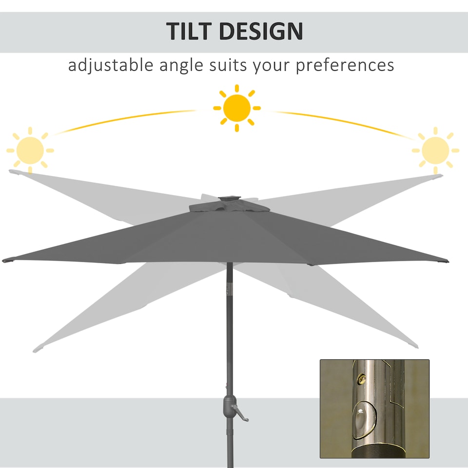 image 1 of Outsunny 2.7m Patio Garden Umbrella Outdoor Parasol Outdoor Market Table Umbrella with Tilt Crank and 24 LEDs Lights Grey