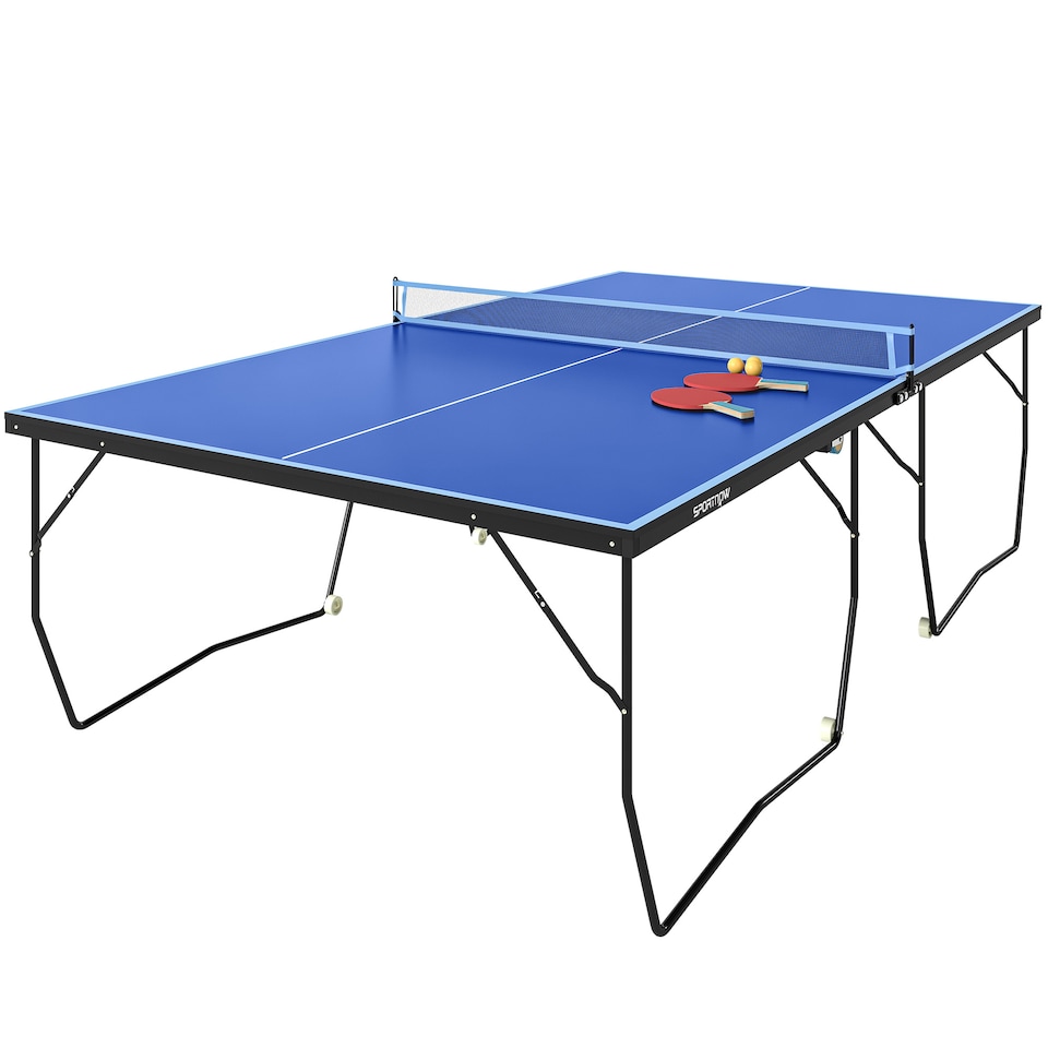 image 1 of SPORTNOW 9FT Folding Table Tennis Table w/ 8 Wheels for Indoors, Blue