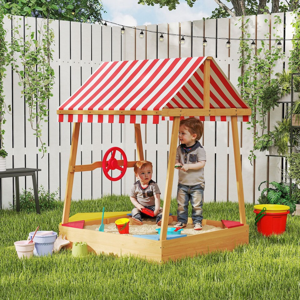 image 1 of AIYAPLAY Wooden Kids Sandpit with Canopy, Seats, Rudder & Bottom Liner
