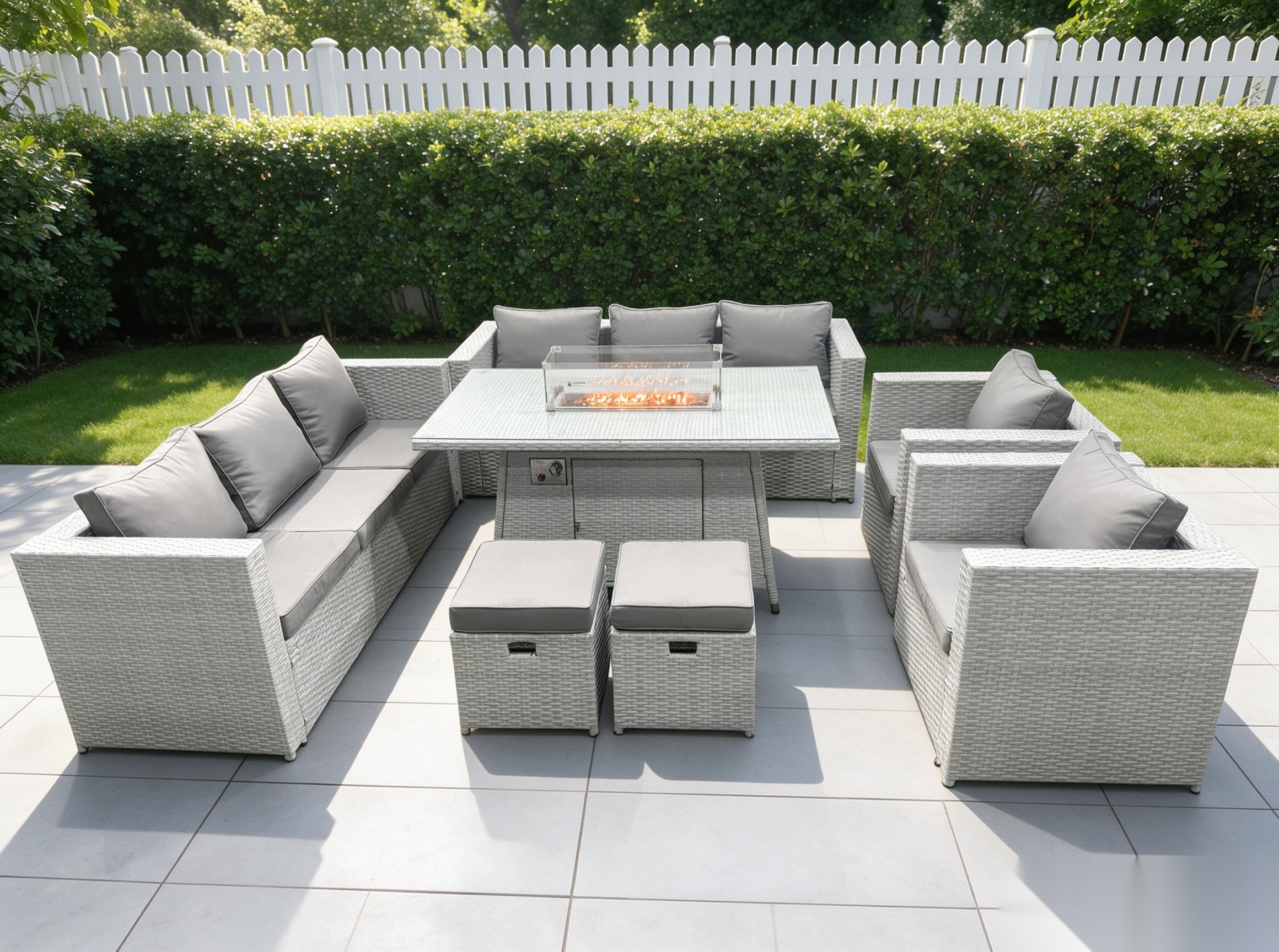 Fimous Light Grey Rattan FirePit Dining Set Garden Furniture Set Gas Heater Burner Lounge Sofa Dining Set Chairs Stools