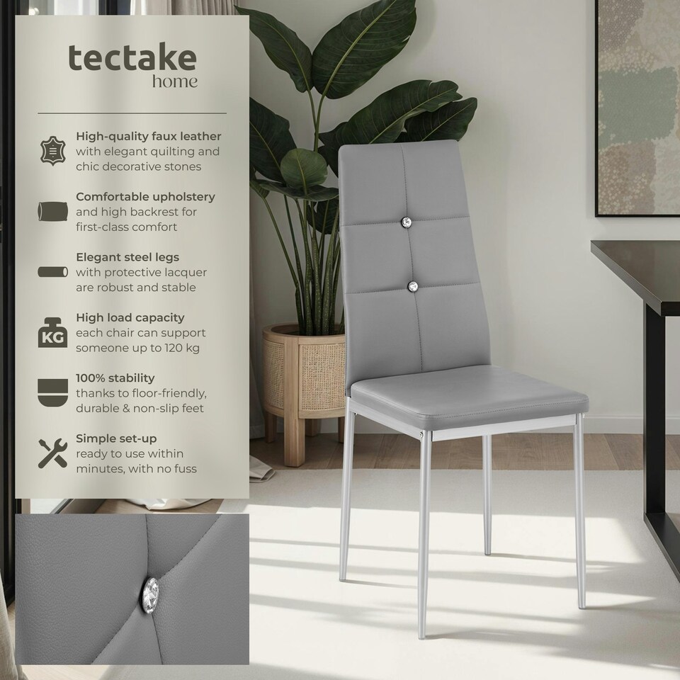 image 1 of Dining Chair Set - high backrest, slim steel legs & rhinestone highlights - Set of 8 Grey