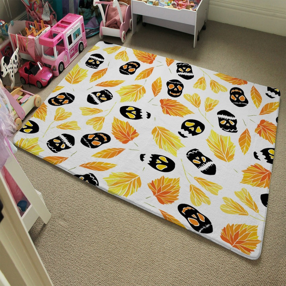 image 1 of Autumn Leaves & Halloween Skulls (Rug) Orange | XL: 160x230cm