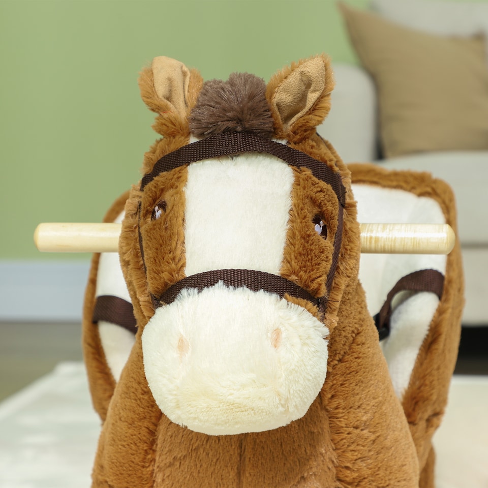 image 1 of AIYAPLAY Kids Rocking Horse, Plush Ride on Horse, with Sound, Wood Base, Seat Safety Belt, for Ages 18-36 Months, Brown