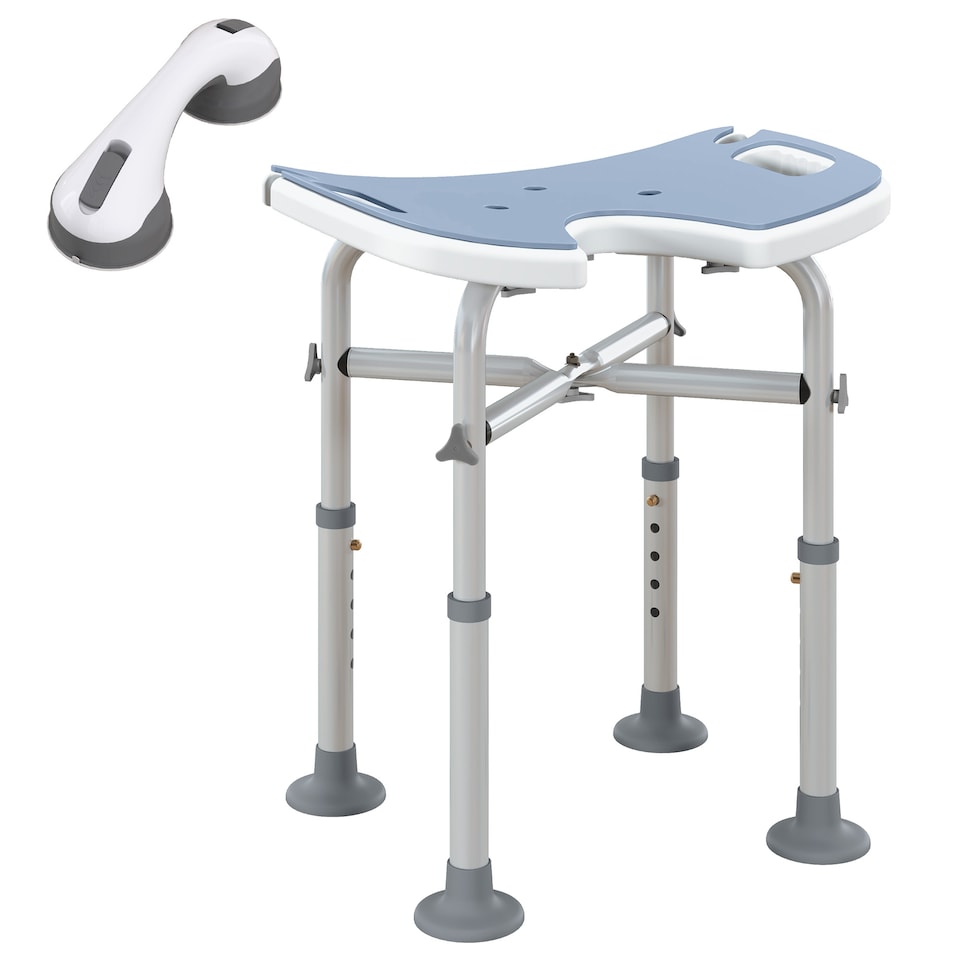 image 1 of HOMCOM Height Adjustable Shower Stool with Suction Grab Rail, Aluminium Shower Chair with U-Shaped Padded Seat, Non-Slip Bath Stool for Elderly, Disabled, Seniors, Pregnant, Light Blue