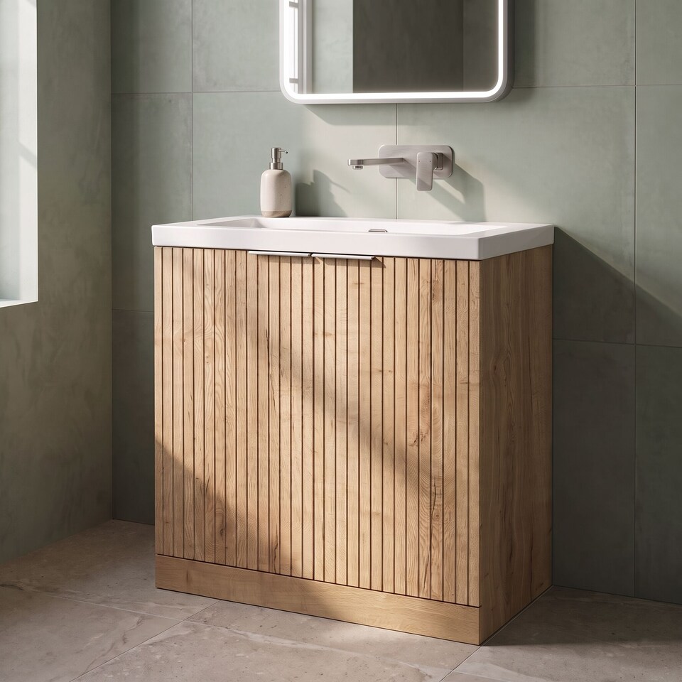 image 1 of Balterley Callingwood Contemporary Floor Standing 2 Door Vanity Unit with 0 Tap Hole Fireclay Basin , 800mm, Autumn Oak