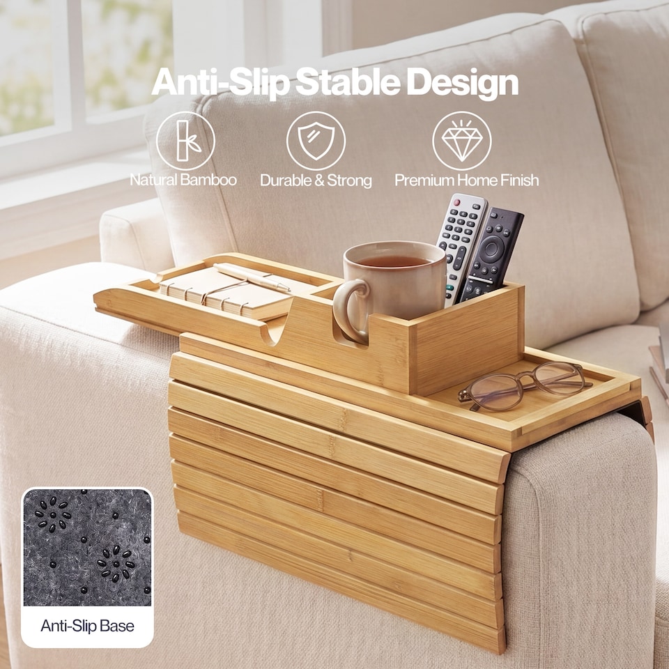 image 1 of Levede Sofa Arm Tray Table 2 in 1 Bamboo Couch Armrest Organiser Cup Mug Holder