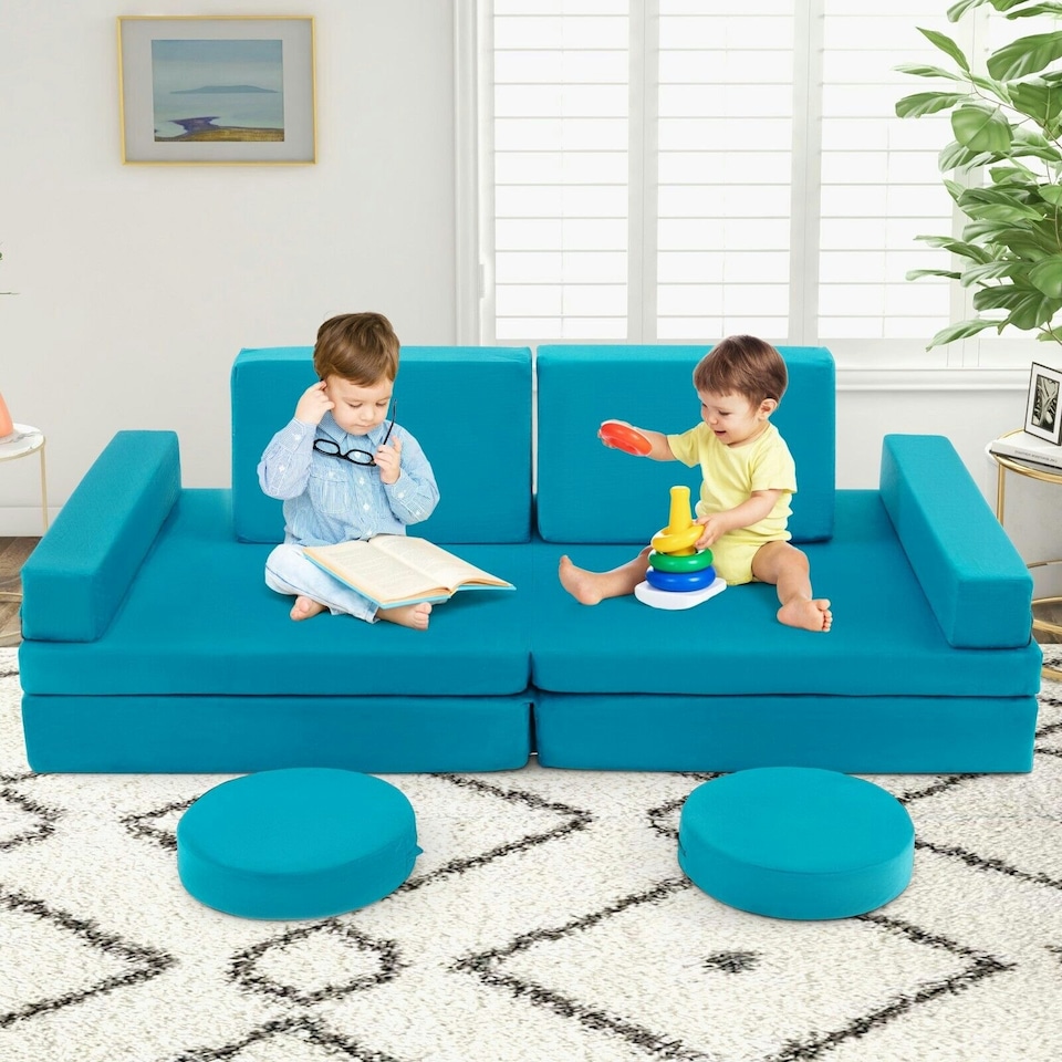 image 1 of COSTWAY 8-Piece Kids Play Couch Sofa Convertible Foam Sofa-Green | Green | Chair