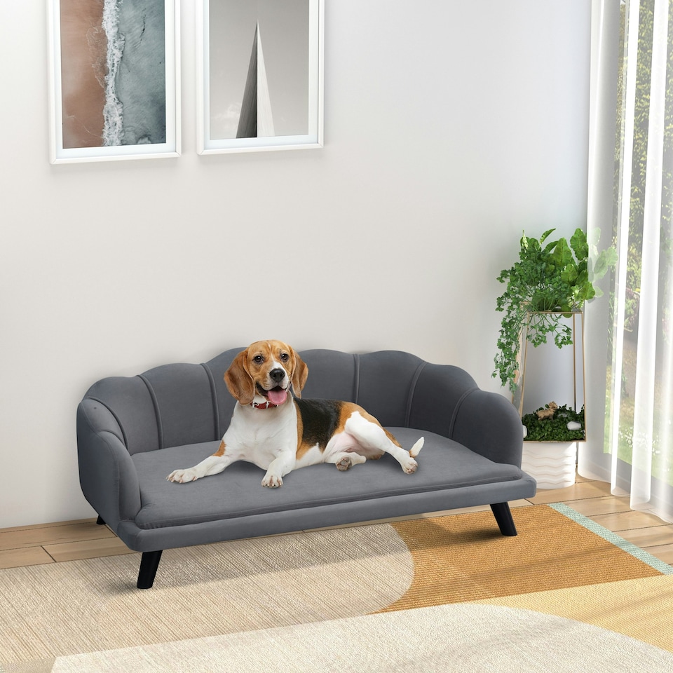 image 1 of PawHut Dog Sofa, Pet Couch Bed for Medium, Large Dogs w/ Legs, Cushion - Grey