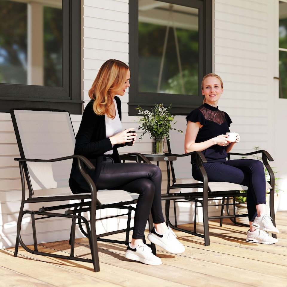 image 1 of Outsunny Outdoor Double Glider Rocking Chairs with Glass Top Middle Table, Metal Gliding Love Seat Conversation Furniture with Breathable Mesh Fabric Seat, for Garden, Patio, Brown