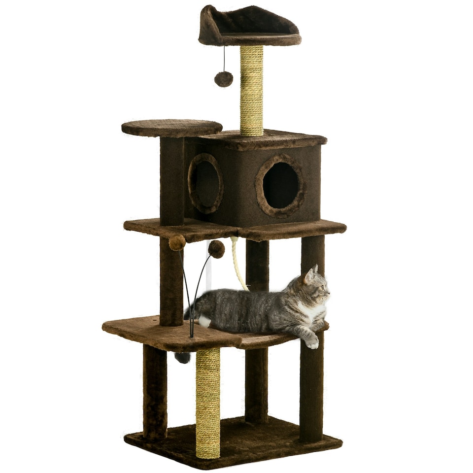 image 1 of PawHut 136cm Cat Tower with Scratching Posts Hammock Cat House Plush, Brown