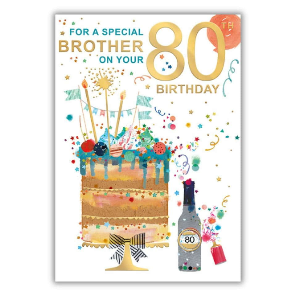 image 1 of Words 'n' Wishes Age 80 - Brother Birthday Cake On Stand with Candles and Beer Bottle, 23.5 x 16.5 cms, Multi-Coloured