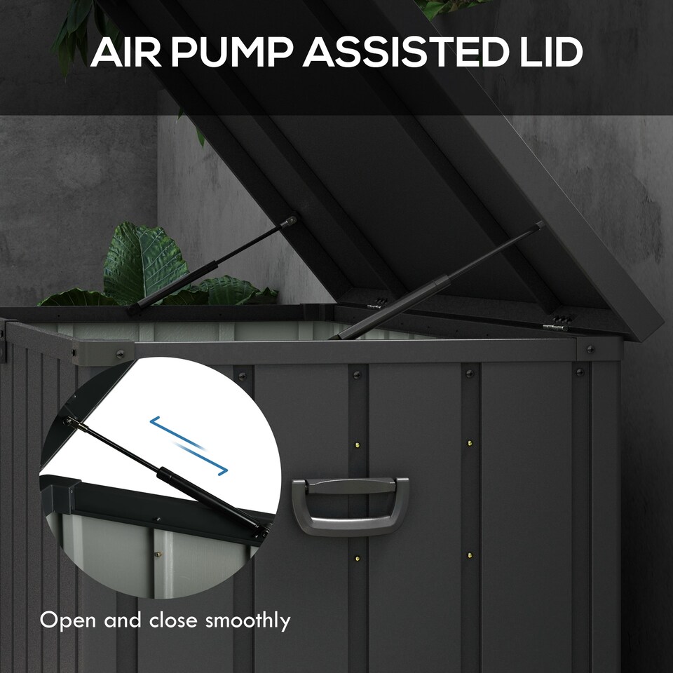 image 1 of Outsunny 450 Litre Garden Storage Box, Outdoor Storage Box with Wheels and Handles, Lockable Galvanised Steel Outside Deck Box Organiser for Tools, Cushions, Dark Grey