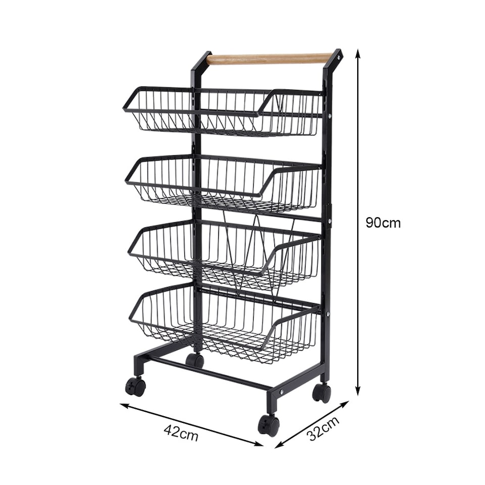 image 1 of Living and Home 4-Tier Kitchen Organizer Trolley with Removable Basket | Black | 4 Tier