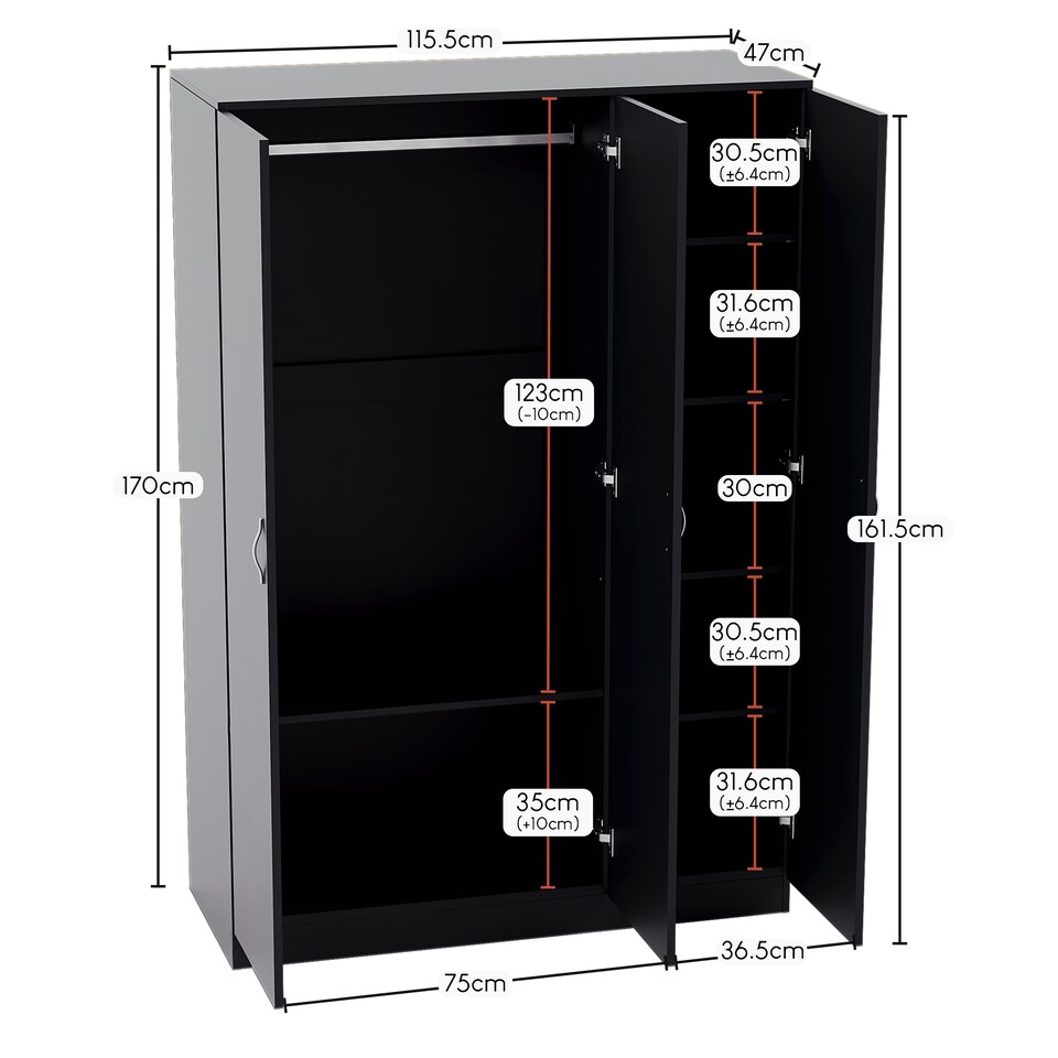 image 1 of Vida Designs Riano 3 Piece Bedroom Set (3 Drawer Bedside Chest, 5 Drawer Chest, 3 Door Wardrobe), Black (5)