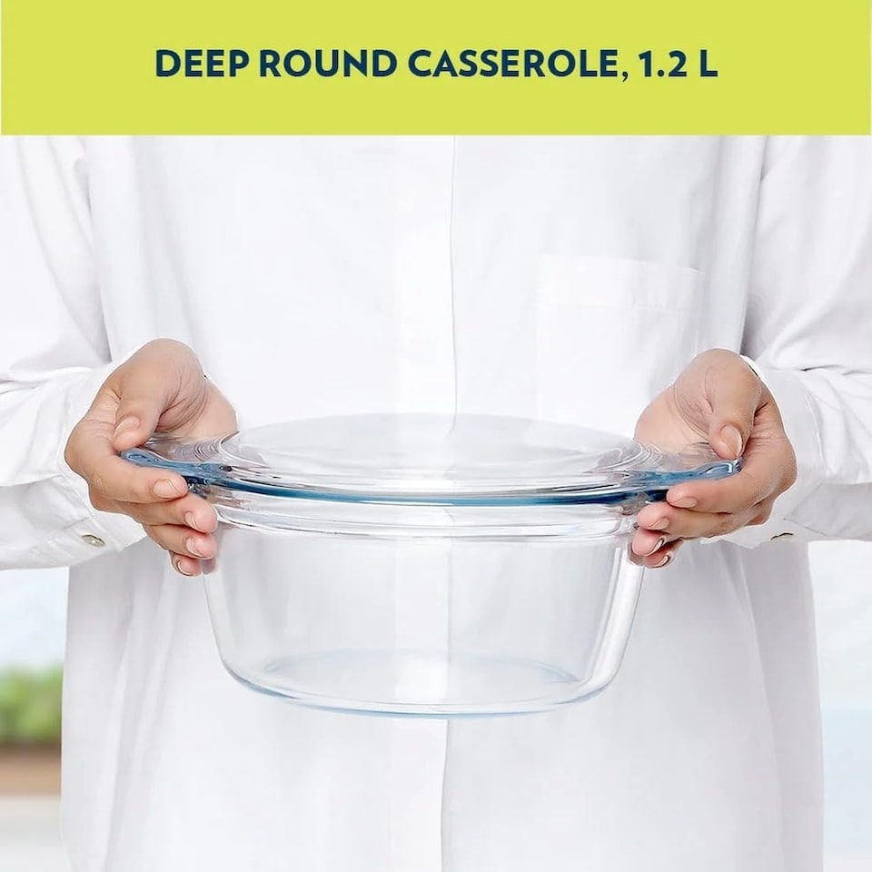 image 1 of Borosil Deep Round Glass Casserole with Lid (1.2 Litre), Transparent, Oven & Microwave Safe Serving Bowl