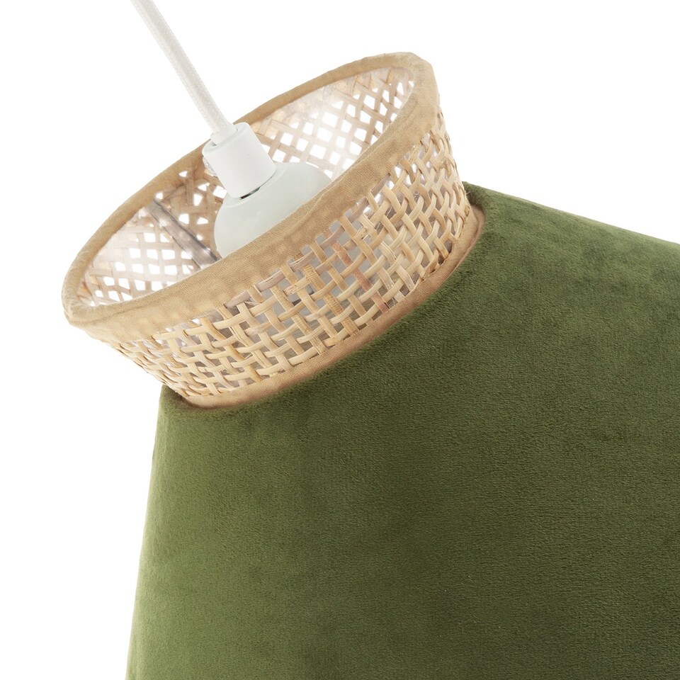 image 1 of Designer Dark Olive Velvet and Natural Rattan Pendant Lighting Shade | Green | Olive Green | 1