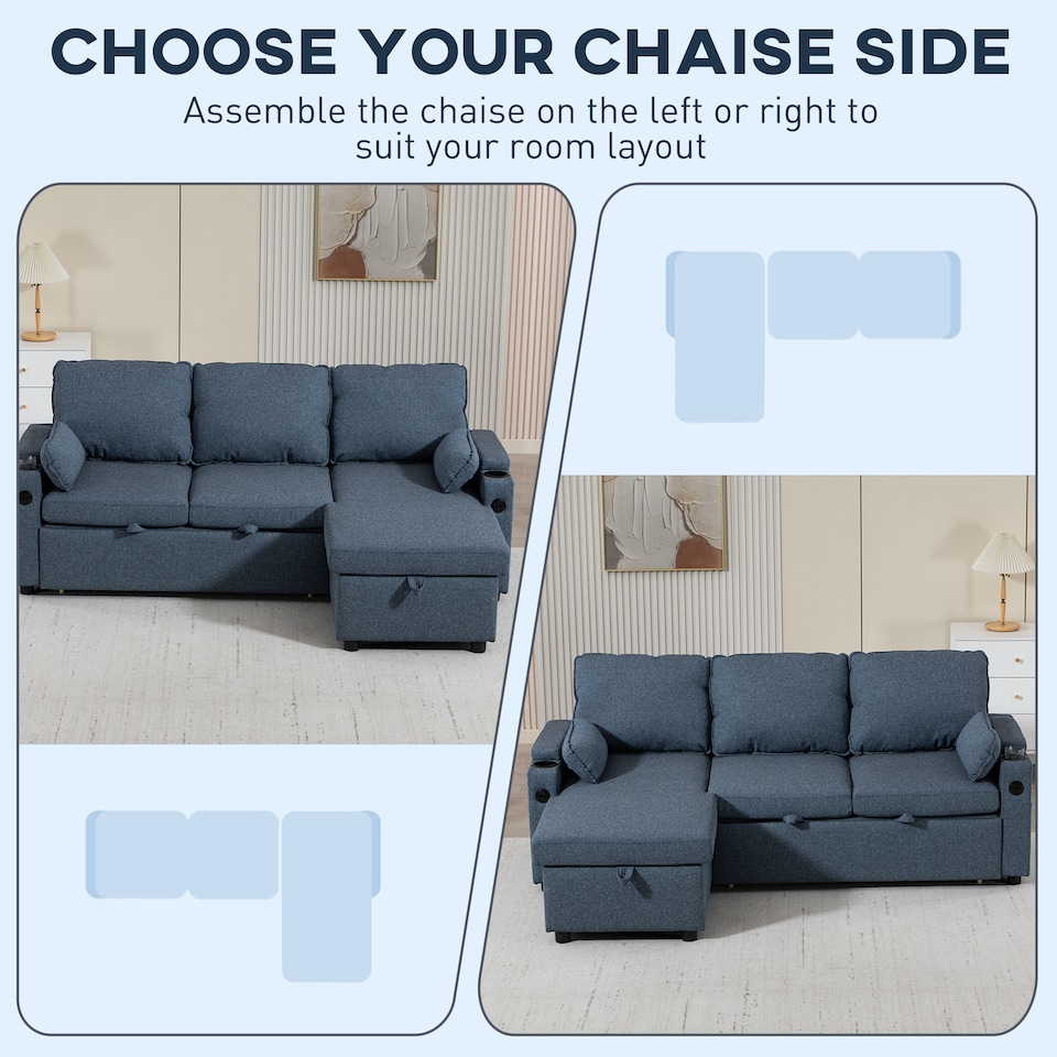 image 1 of HOMCOM Corner Sofa Bed, L Shaped Sofa with Storage Chaise, USB Ports | Blue | Blue | 205W x 136.5D x 85H cm