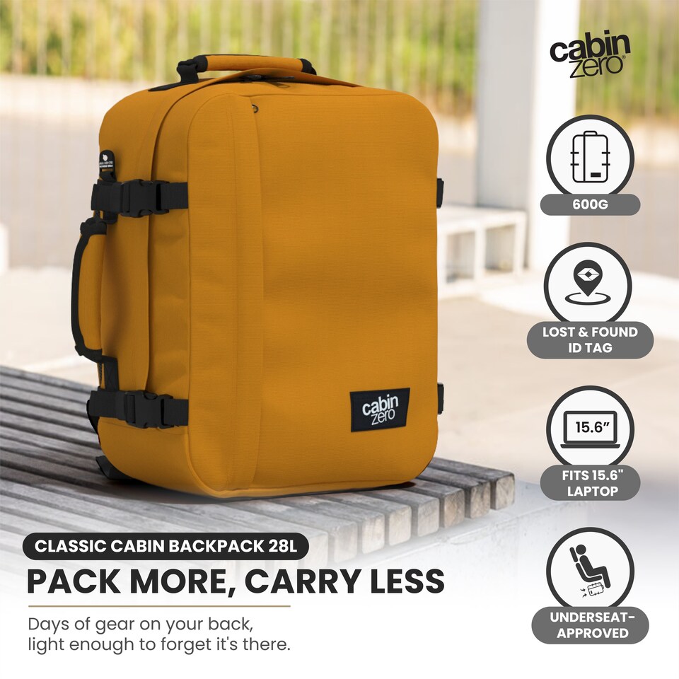 image 1 of CabinZero Classic 28L Lightweight Cabin Backpack, Airline Approved Underseat | Orange | Orange Chill