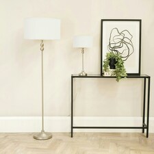 ValueLights Maggie Brushed Chrome Candlestick Slim Table Lamp with White Fabric Drum Lamp Shade