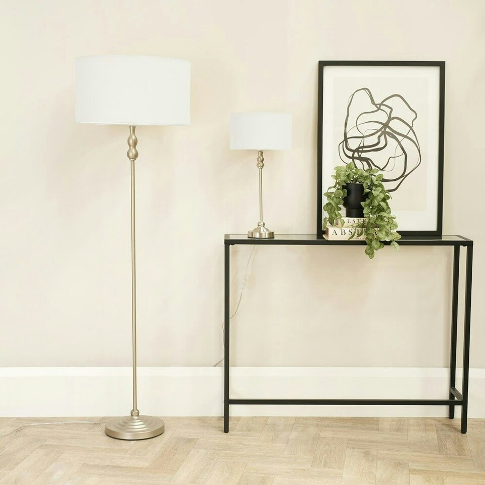 image 1 of ValueLights Maggie Brushed Chrome Candlestick Slim Table Lamp with White Fabric Drum Lamp Shade