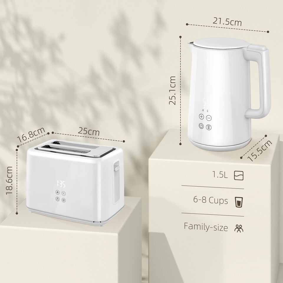 image 1 of HOMCOM 1.5L 3000W Fast Boil Electric Kettle and 2 Slice Toaster Set, White