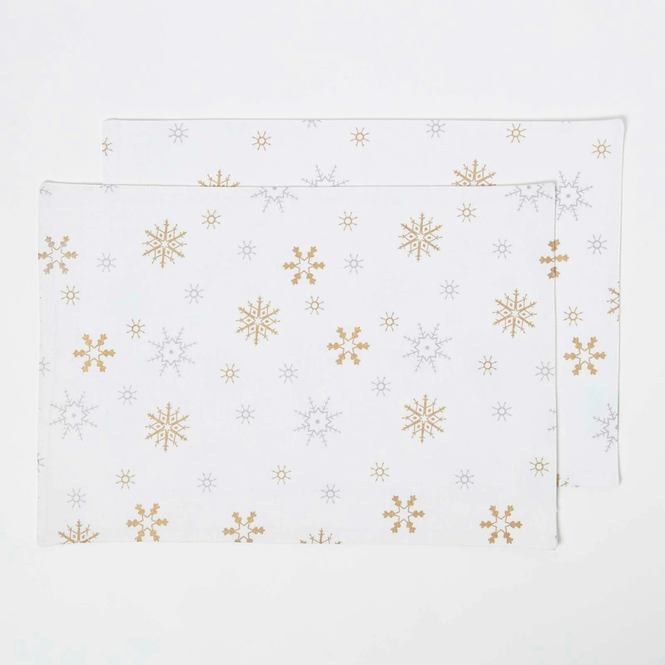 image 1 of Homescapes Cotton Christmas Gold Snowflake Pack of 2 Placemats
