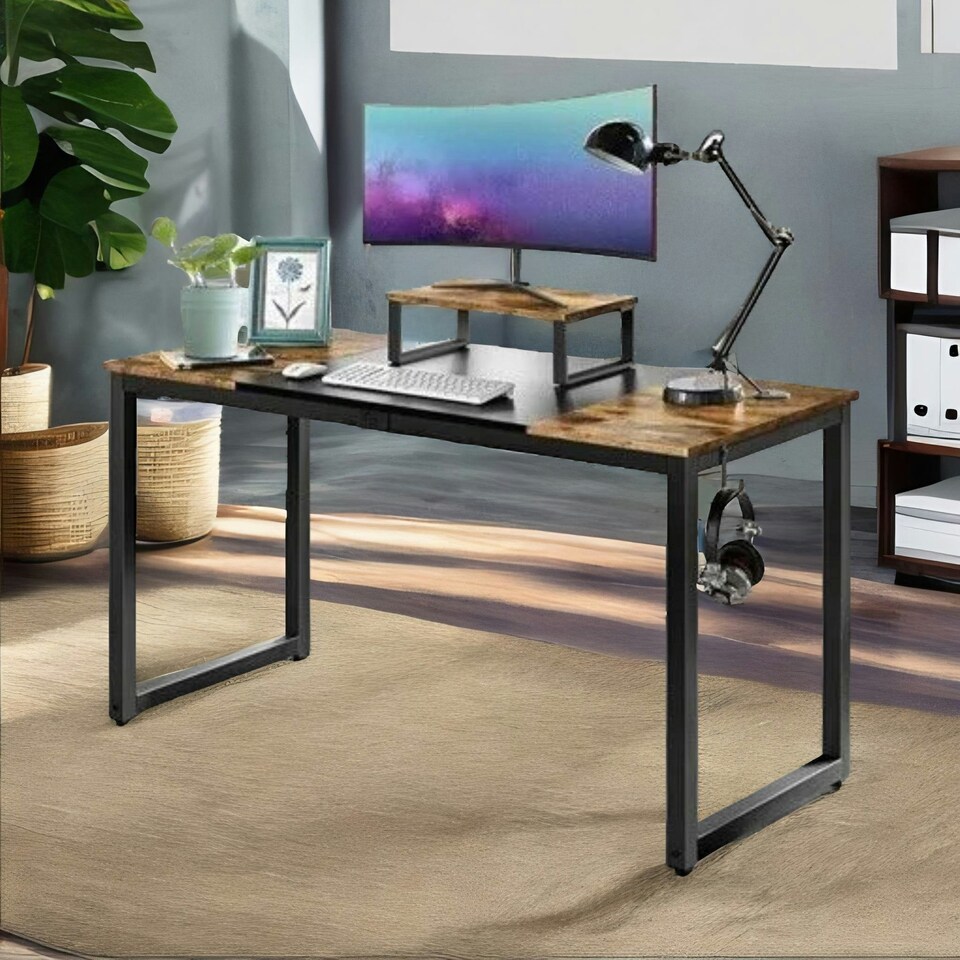 image 1 of Industrial Writing Desk With Moveable Monitor Mount Brown