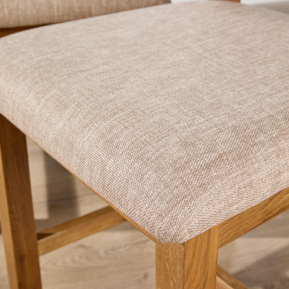 image 1 of Pair Of High Slatted Back Dining Chairs Wool Seat Solid Oak Legs Fully Assembled | Brown