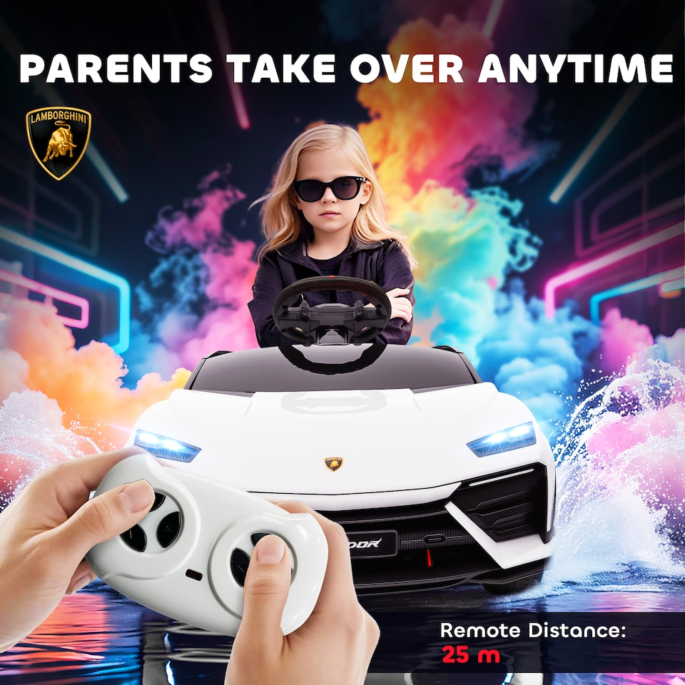 image 1 of AIYAPLAY Licensed Lamborghini Electric Cars for Kids, 12V Battery Powered Ride On Car with Remote Control, Suspension, MP3, Horn, for 3-6 Years Old | White