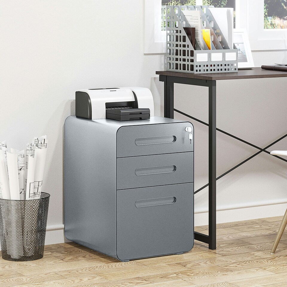image 1 of Vinsetto 3 Drawer Steel Filing Cabinet w/ 4 Wheels Lock Pencil Box